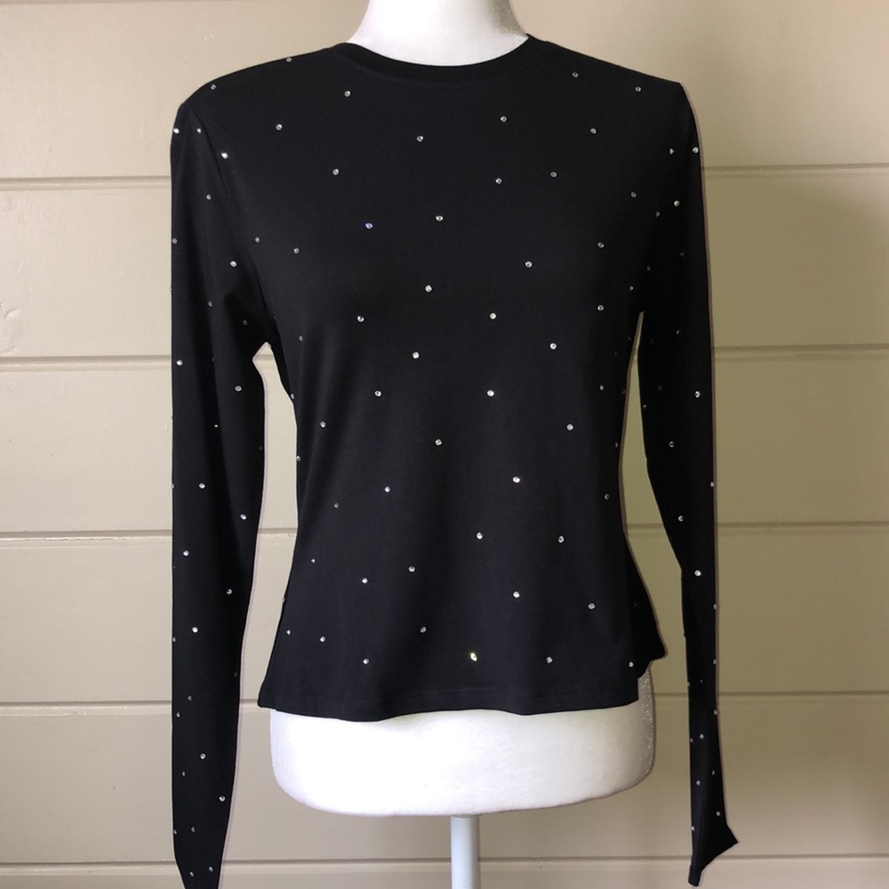 Custom Made Rhinestone Embellished Black Crewneck Sparkling Long Sleeve
